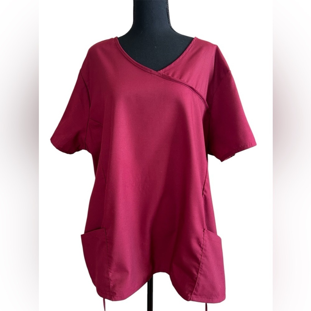 Denice Women’s Burgundy Mock Wrap Scrub Top Medical Uniform Plus Size 3XL